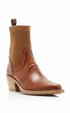 Chloé Nellie Knit-Trimmed Leather Ankle Boots -Boots Sales Store chloe brown nellie leather knit ankle boots 2